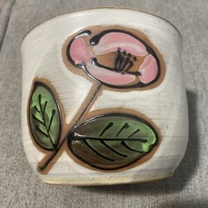 Handcrafted Japanese Stoneware Plant Pot with Flower and Leaves